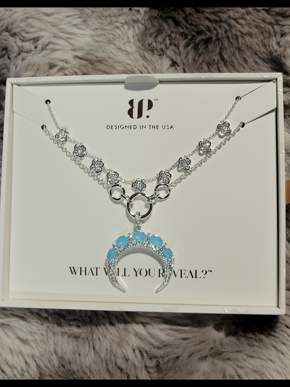Silver Double-Layer Necklace with Blue Crescent Pendant